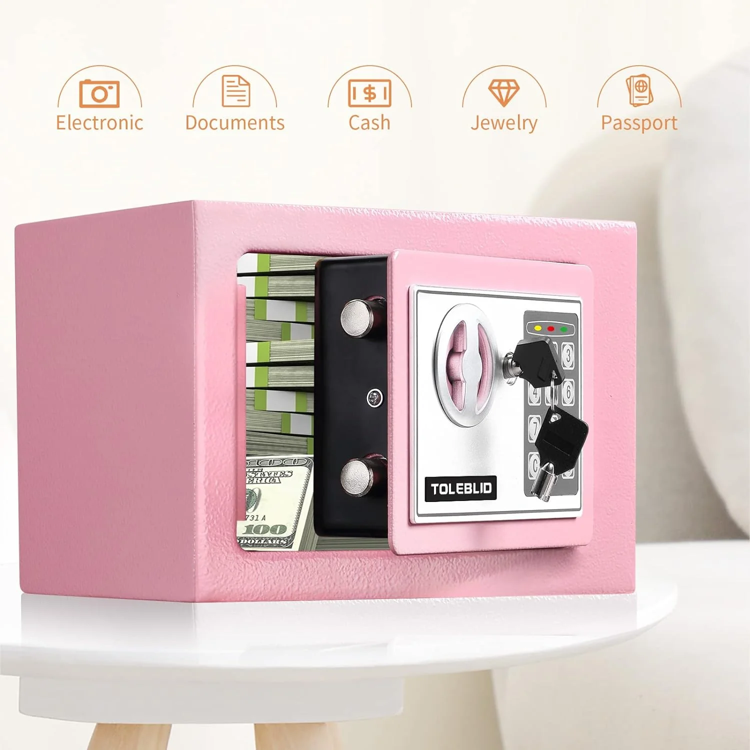 TOLEBLID Cute Little Safe Box for Money, 0.23 Cu ft Mini Fireproof Safe with Combination Lock, Personal Home Safe for Office Hotels Busi