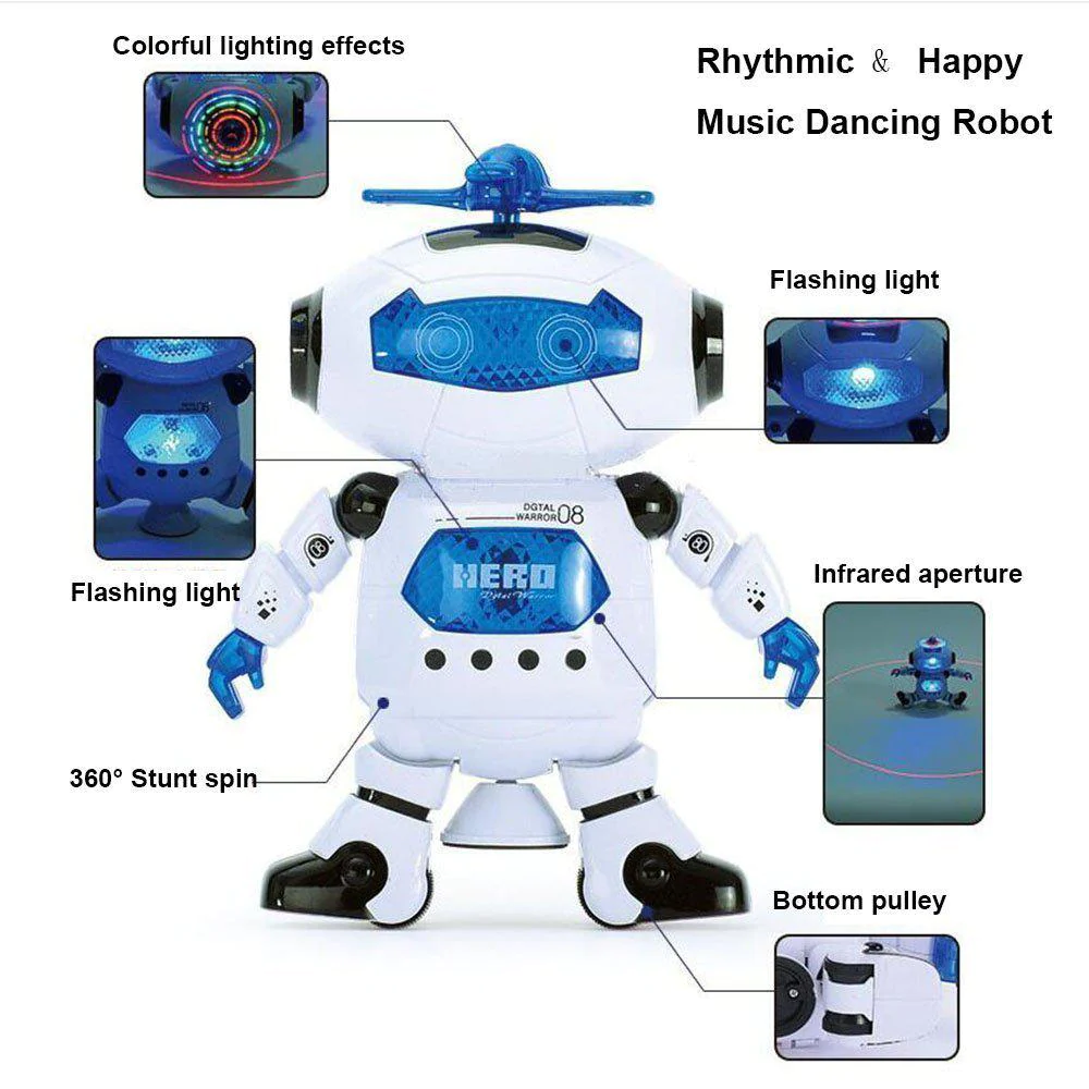 WenToyce musical walking dancing robot toy for kids, flashing lights, 360 body spinning, toddlers bosys girls fun toy figure (model 1)