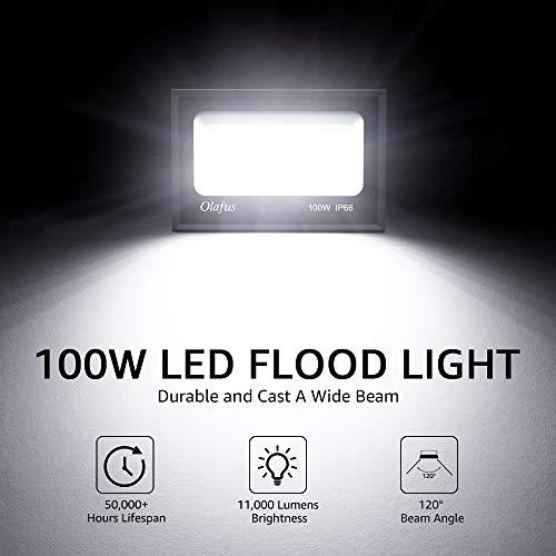 olafus 2 pack 100w led flood light outdoor, 11000lm outside floodlights ip66, waterproof exterior security lights, 5000k dayl