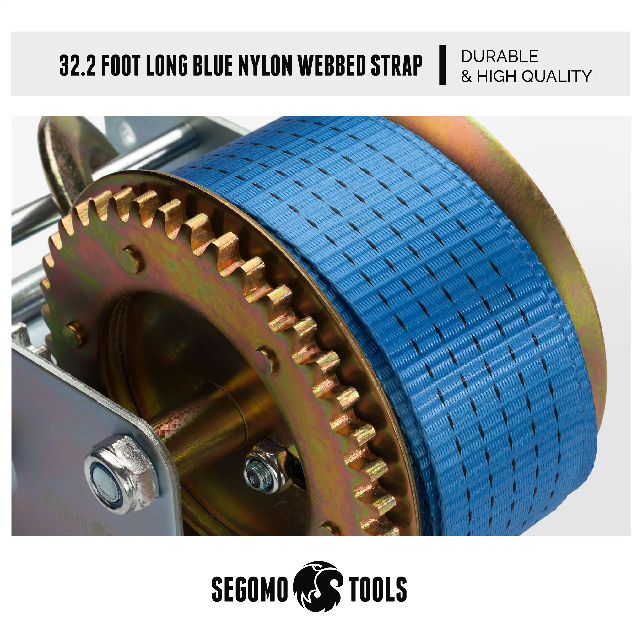 Segomo Tools Heavy Duty 2500 Pound Manual, Two Way Ratchet 32.2 Foot Long Nylon Strap Hand Winch - HW2500