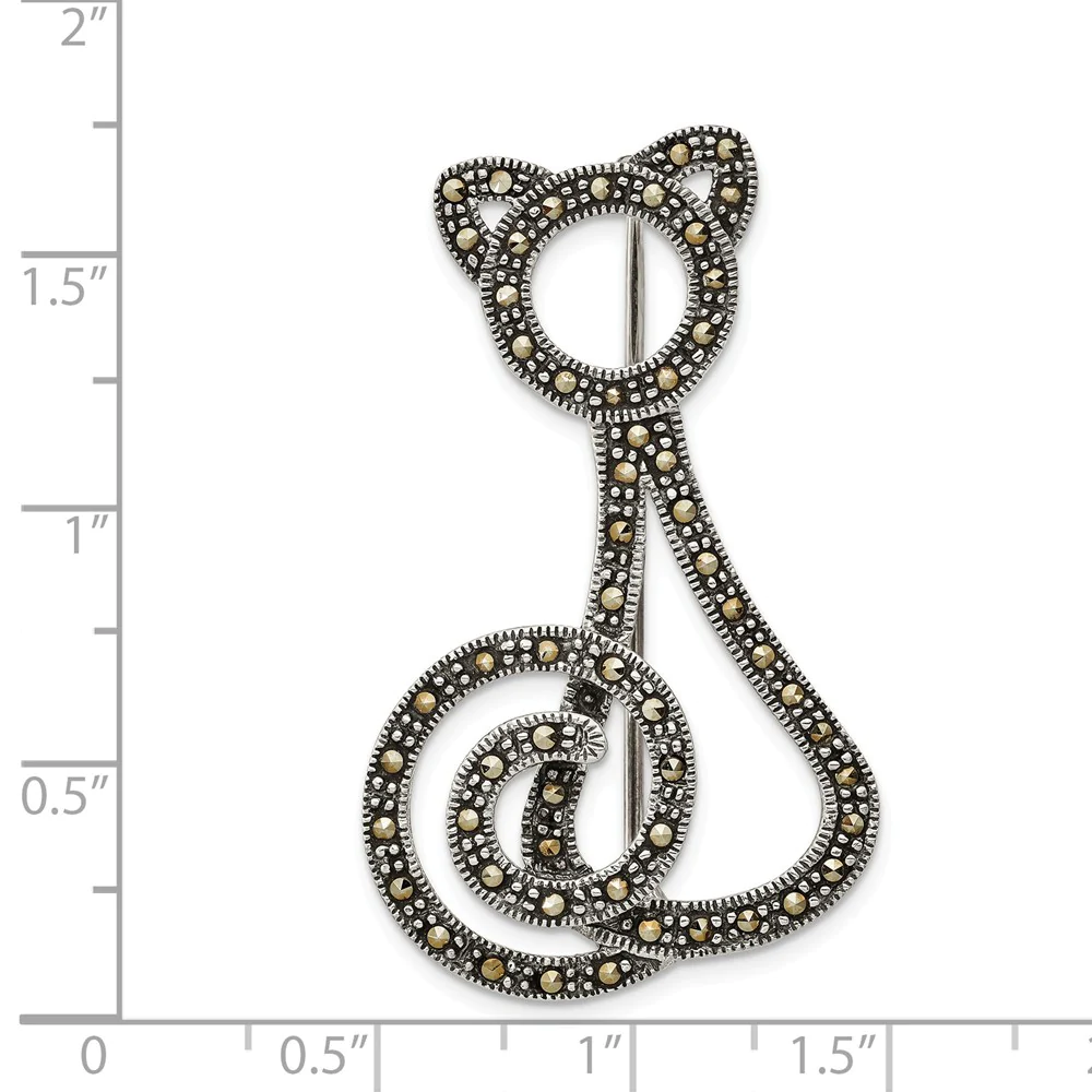 Jewelryweb Sterling Silver Antiqued Marcasite Cat Pin