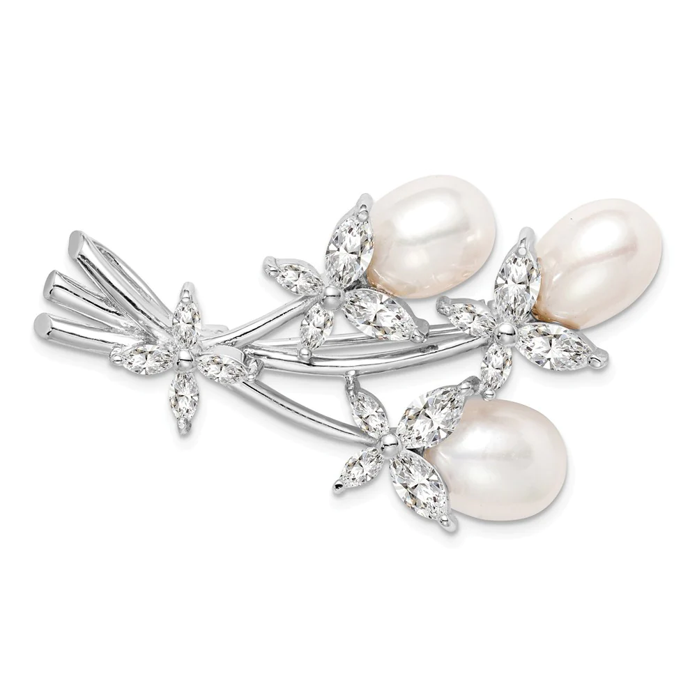 Jewelryweb Sterling Silver Freshwater Cultured Pearl and Cubic Zirconia Floral Pin
