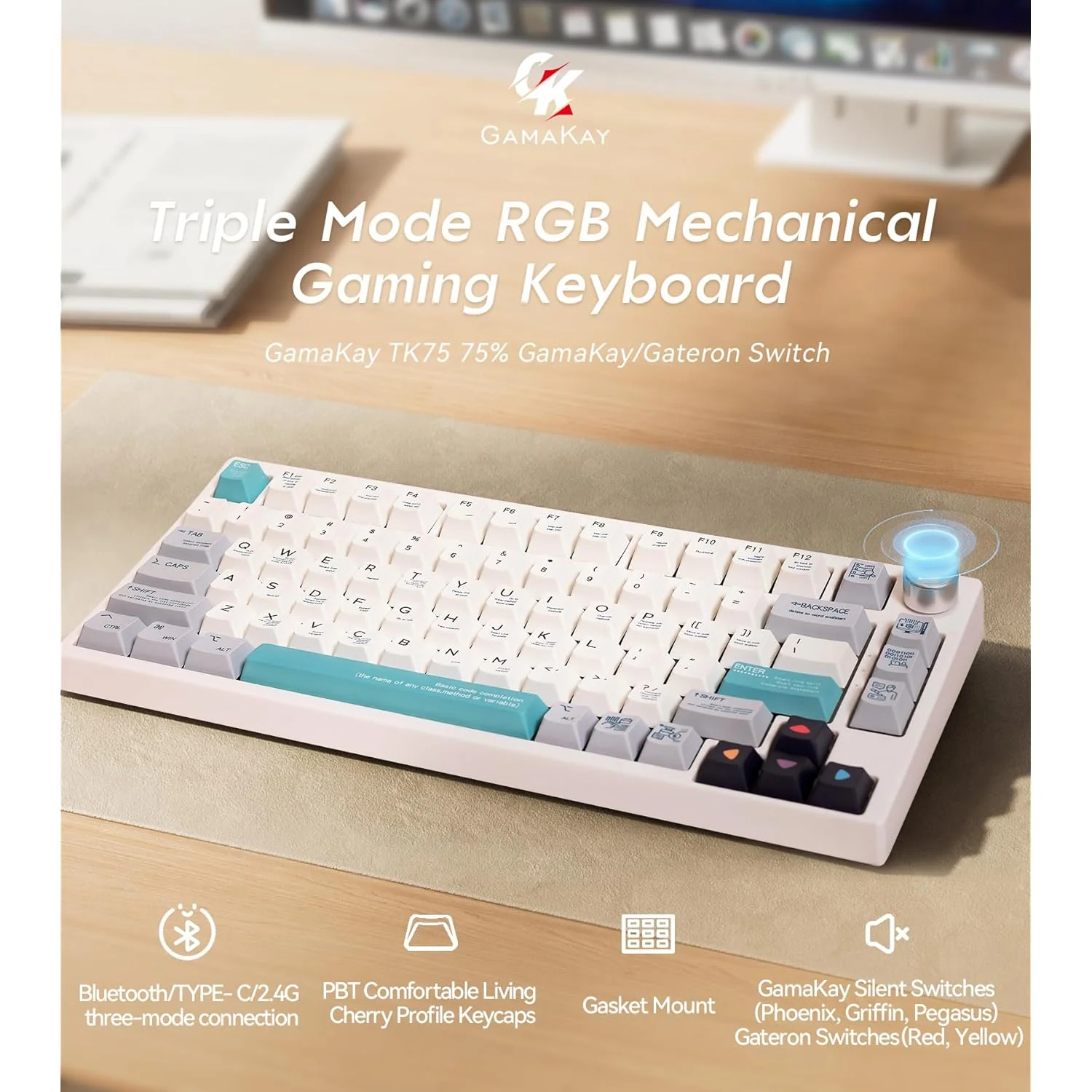 Zell Electronics Zell 75% Quiet Mechanical Keyboard With Knob, Hot Swap Rgb Bluetooth 5.0/2.4Ghz Wireless/Usb-C Wired,Pbt Cherry Profile Keyca…