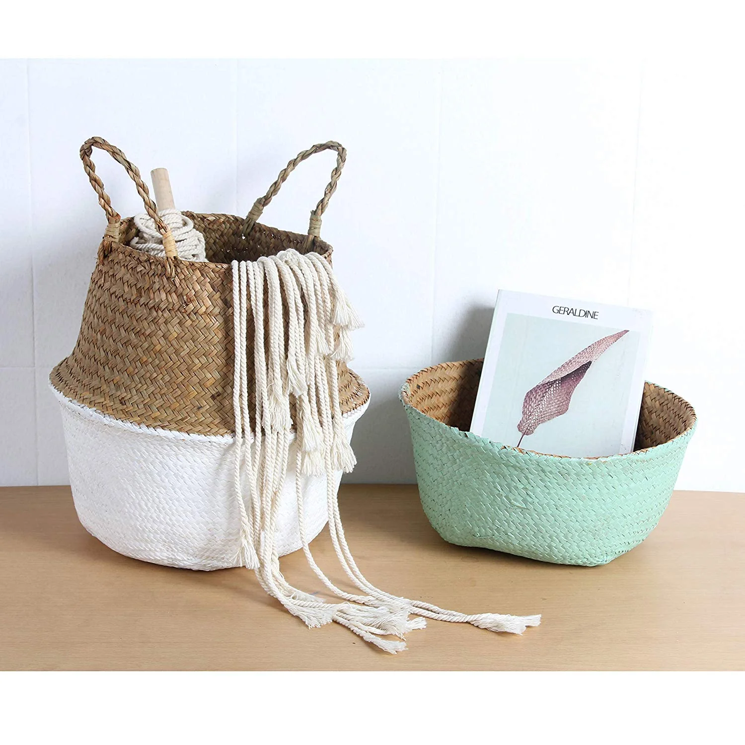BlueMake Woven Seagrass Belly Basket for Storage, Laundry, Picnic, Plant Pot cover, and grocery and Toy Storage (Medium, Sand)