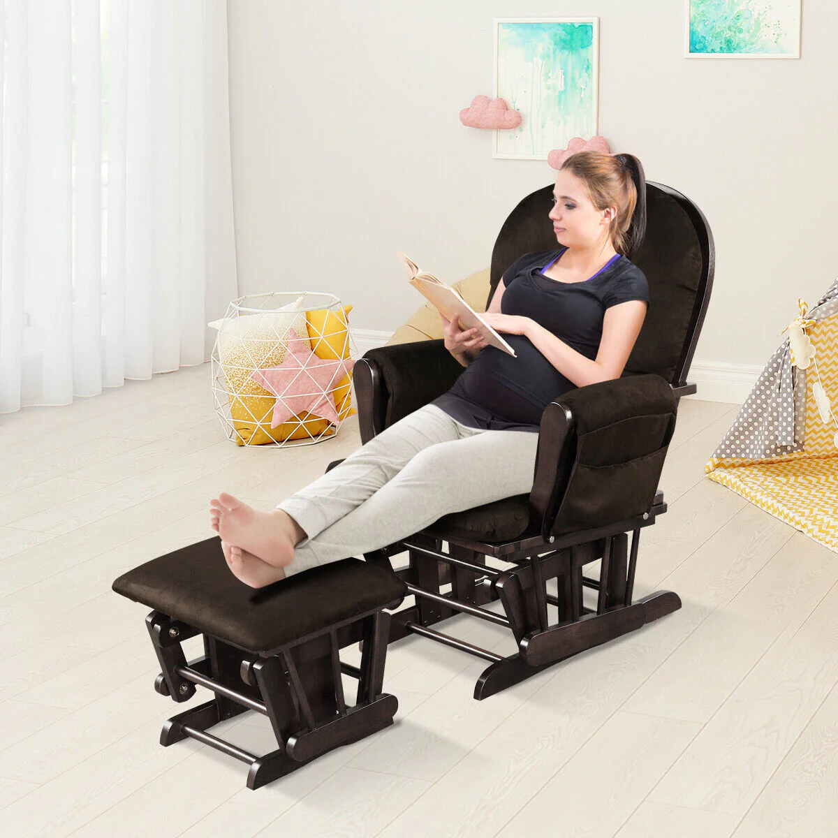 Great Choice Products Baby Nursery Relax Rocker Rocking Chair Glider &a; Ottoman Set W/ Cushion Brown