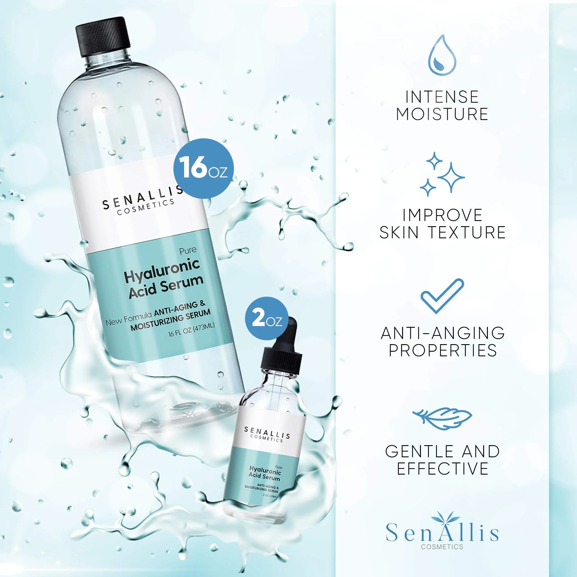 SenAllis Cosmetics Hyaluronic Acid Serum 16 fl oz And 2 fl oz, Made From Pure Anti Aging/Wrinkle, Ultra Hydrating Moisturizer That Reduces Dry Skin