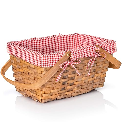Big Mo&s;s Toys Picnic Basket - Woven Natural Woodchip Wicker Basket with Double Handles and Red and White Gingham Blanket Lining