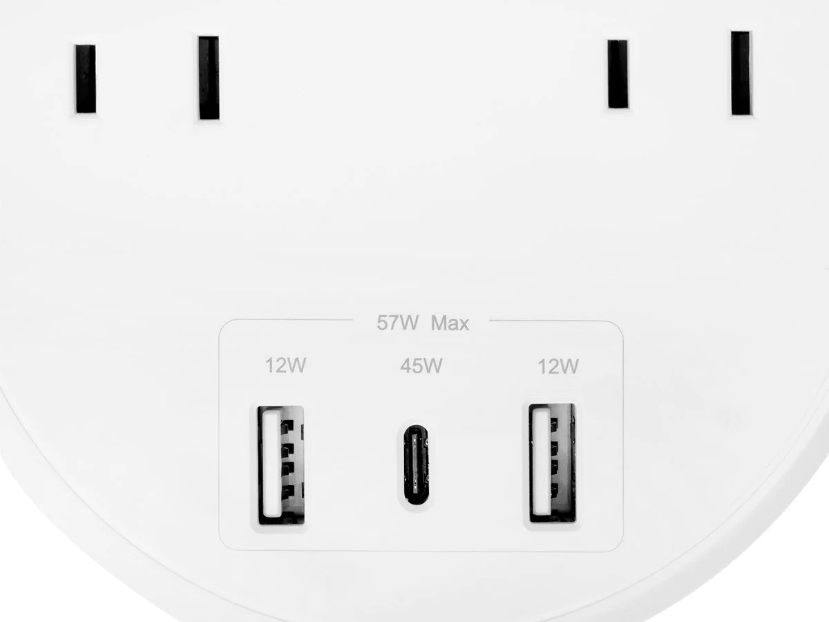 Monoprice USB-C Power Strip, 2 Outlets and 57W 3 USB with 5-Foot Extension Cord
