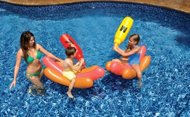 Swim Central Set of 2 Inflatable Hot Dog Ride On Swimming Pool Battle Set with Boppers Game - 56