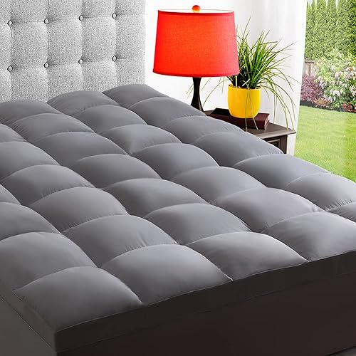 ELEMUSE RV Short Queen Grey Cooling Mattress Topper for Back Pain, Extra Thick Mattress pad Cover, Plush Soft Pillowtop with Ela