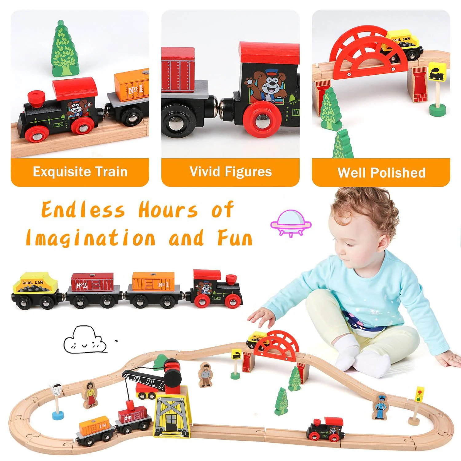 qilay wooden train set for toddler - 39 pcs wooden train tracks with crane, bridge &a; 5 wooden trains - train toys for 3,4,5 y