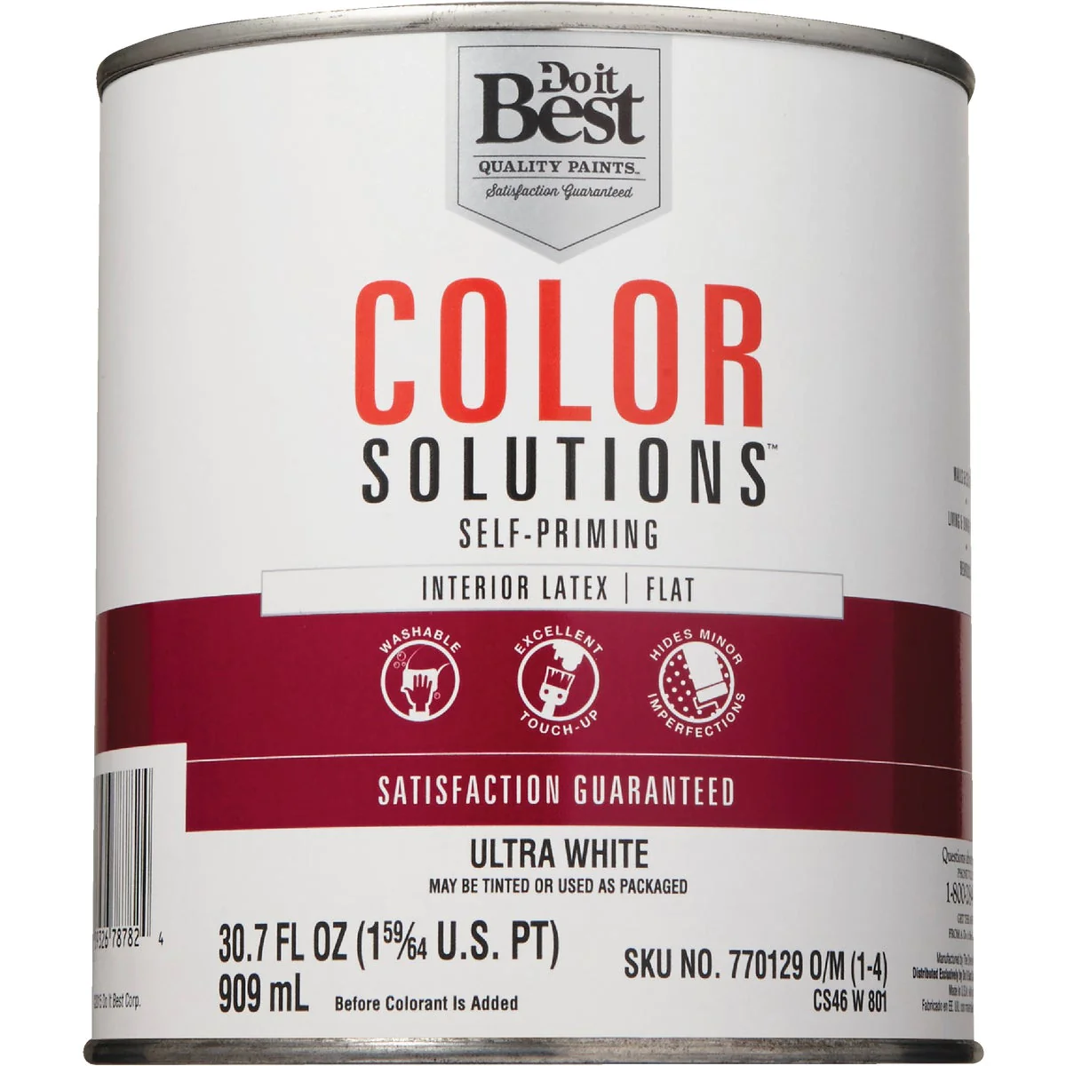 Color Solutions SIM Supply, Inc. CS46W0801-14 Do it Best Color Solutions Latex Self-Priming Flat Interior Wall Paint, Ultra White, 1 Qt. CS46W08