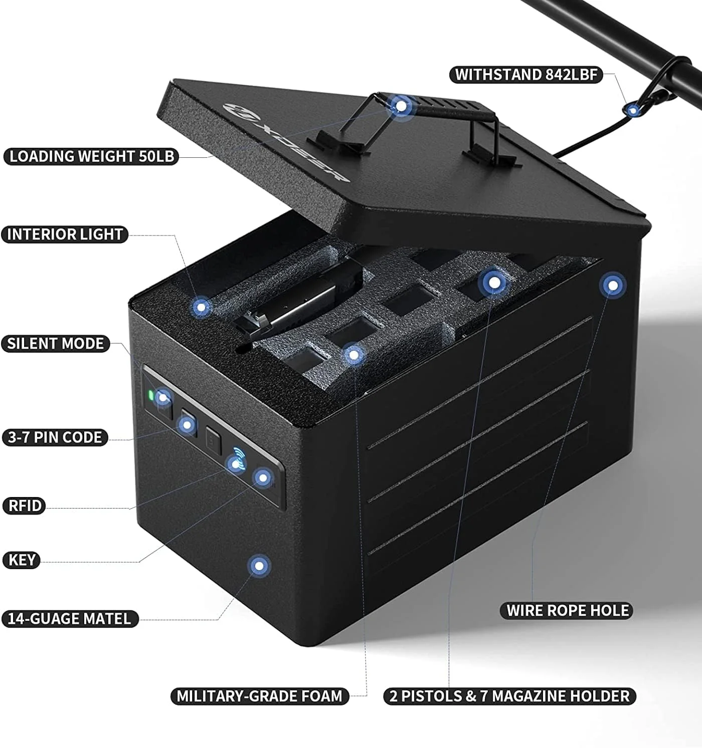 XDeer S007 2 Pistol Metal Gun Safe, Quick-Access RFID Gun Case, 14-Guage Metal Portable Safe with LED Light, Heavy Duty Ammo Can for