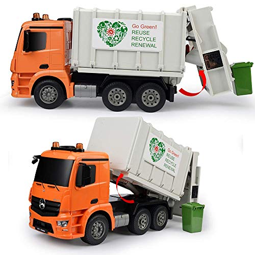 DOUBLE E Benz Licensed Remote Control Garbage Truck Electric Recycling Toy Set with Trash Bin Real Lights Rechargeable Waste Man