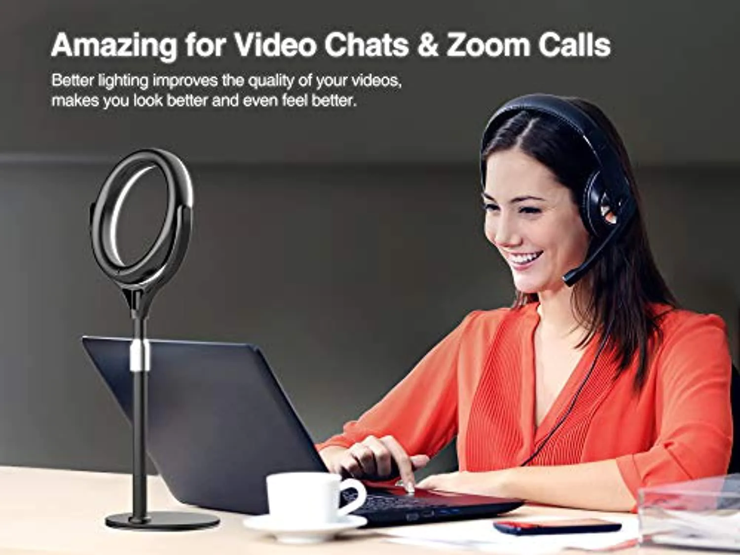 elitehood ring light for computer &a; laptop - video conferencing lighting, desk circle light with metal stand and phone holder