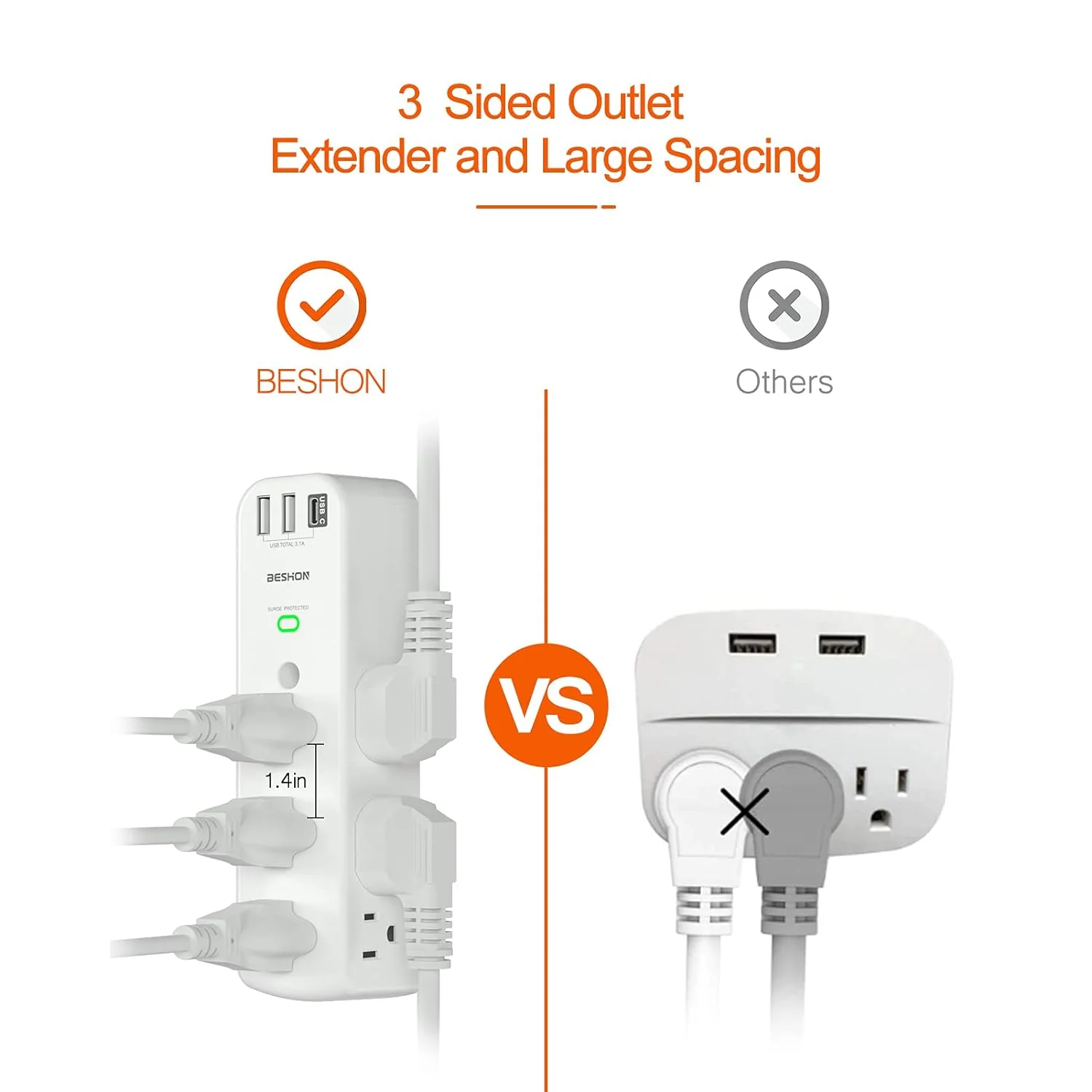 Great Choice Products Outlet Extender, Multi Plug Outlet, 9Ac Surge Protector With 3 Usb Ports(1 Usb C Outlet), Wall Plug Expander, Usb Wall Charge…