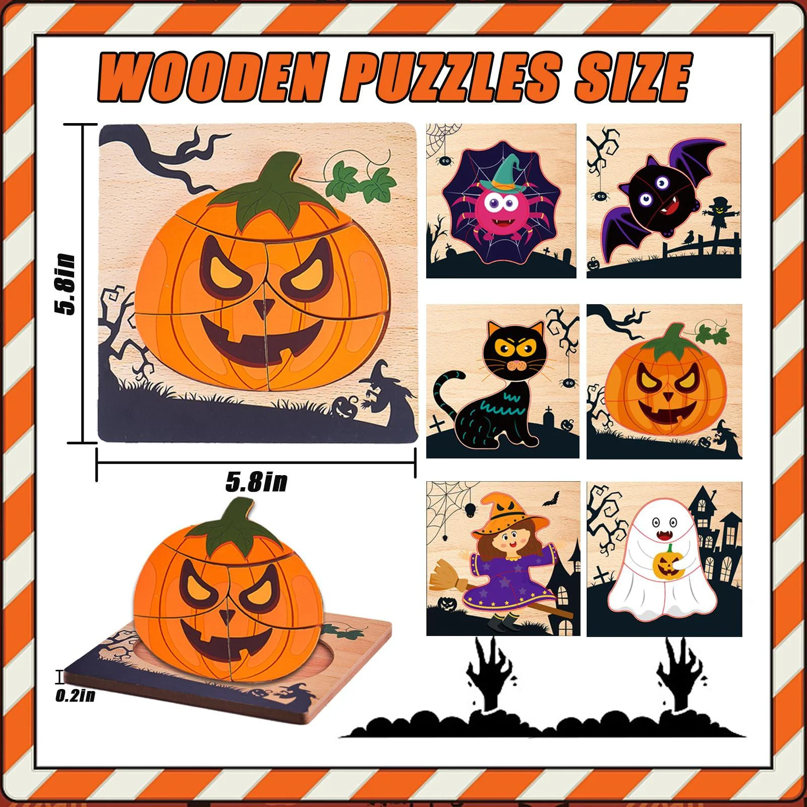 piskekat 6 pack halloween wooden puzzles for toddlers, halloween puzzles for kids ages 3-5, halloween toys gifts for boys girls, hallo