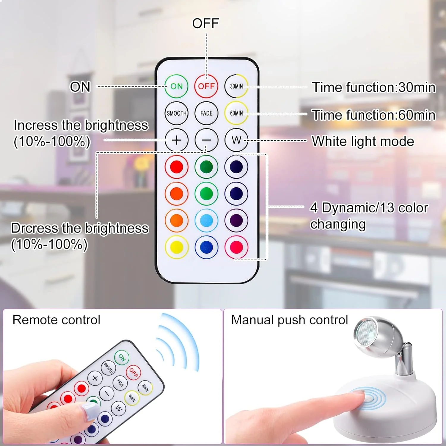 Hortsun 6 Pieces RGB Wireless LED Spotlight with Remote,13 Color Spotlight, Battery Operated Accent Lights with Rotatable Light Head St