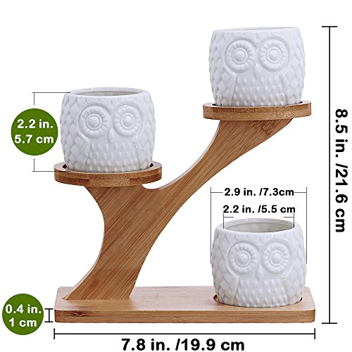 besttoyhome 3pcs Owl Succulent Pots with 3 Tier Bamboo Saucers Stand Holder - White Modern Decorative Ceramic Flower Planter Plant Pot with