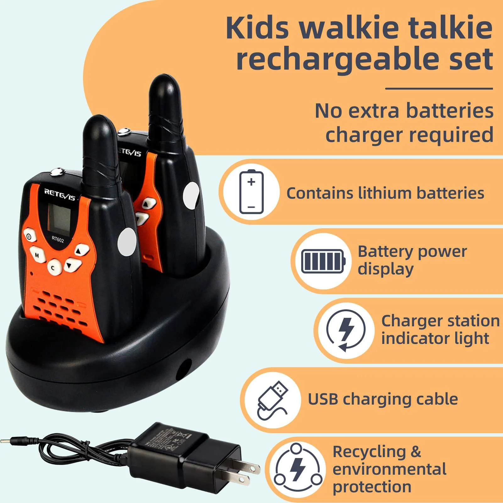 retevis rt-602 walkie talkies rechargeable,toy with lithium batteries,charger station,22 ch,flashlight,kids gifts for boys gi