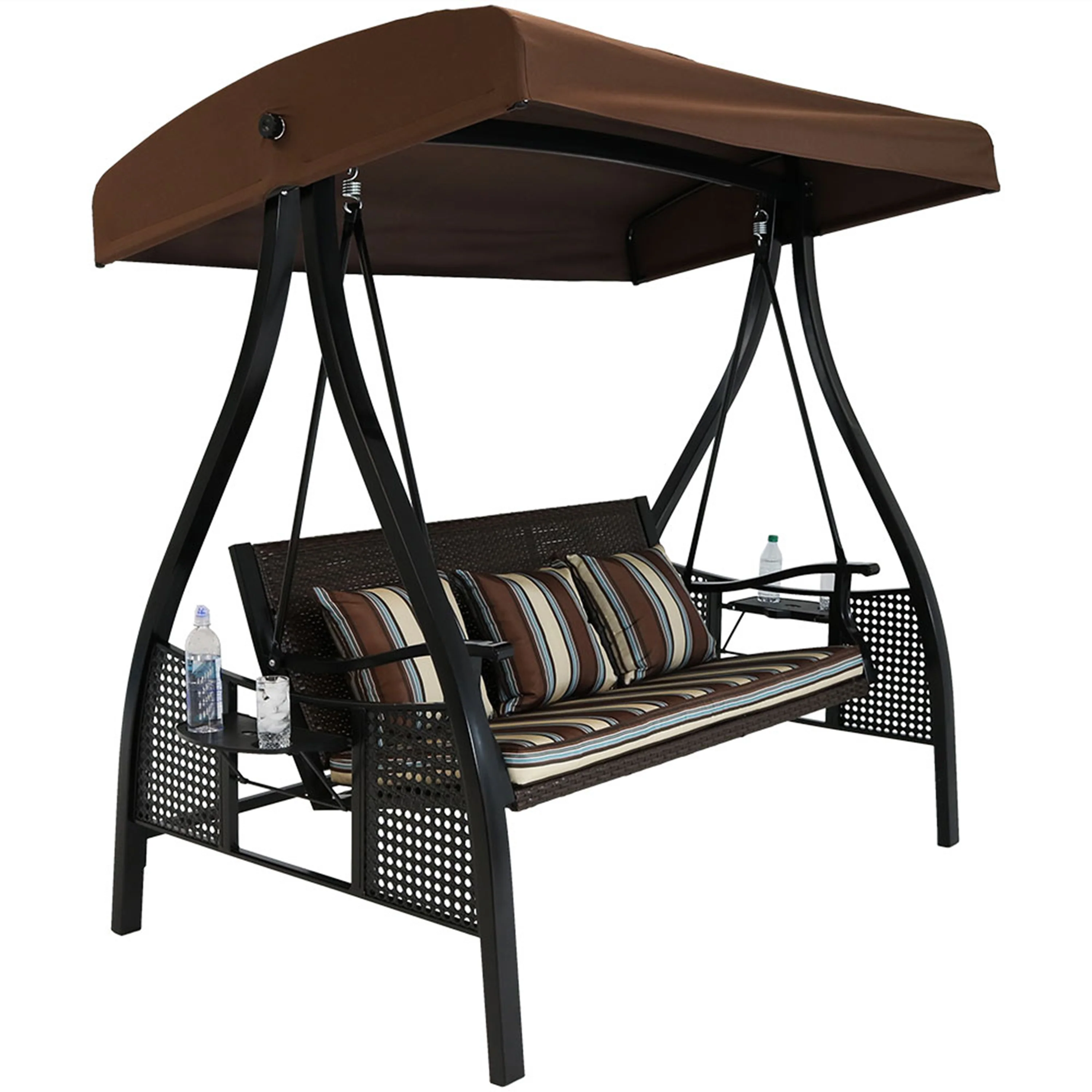 Sunnydaze Decor Deluxe Steel Frame - Brown Striped Cushion Swing with Side Tables