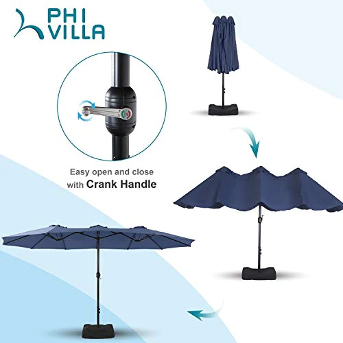 PHI VILLA 15ft Patio Umbrella Double-Sided Outdoor Market Extra Large Umbrella with Crank, Umbrella Base Included (Blue)