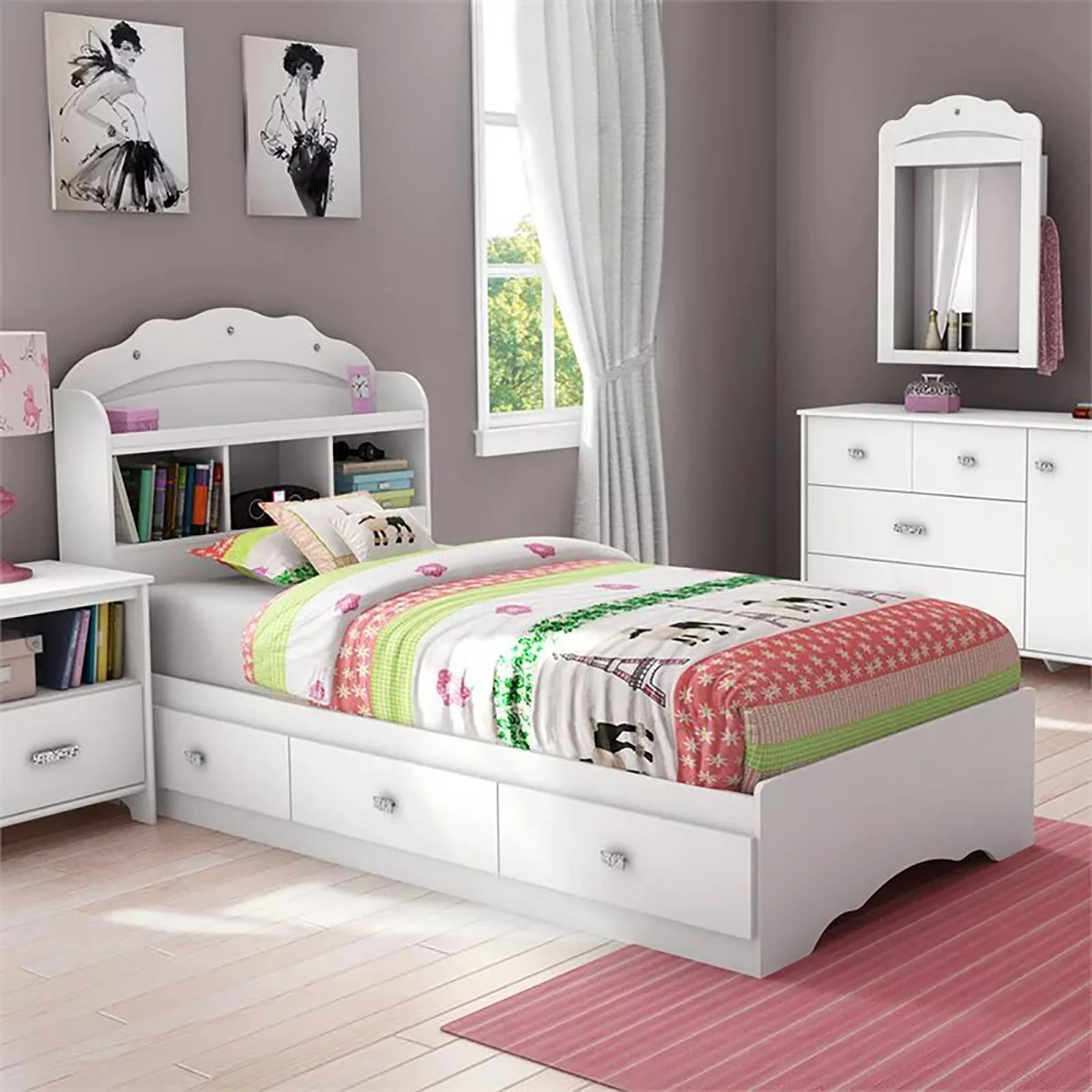 South Shore 10050 Tiara Mates Bed with Bookcase Headboard - Pure White