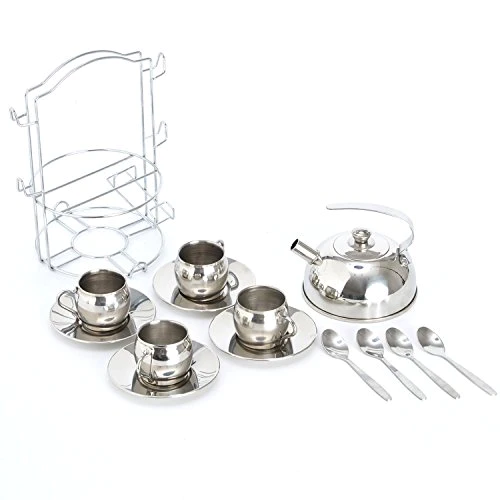 Timy Play Tea Party Set 14pcs for Girls, BPA Free Stainless Steel Teapot Pretend Kitchen Toys