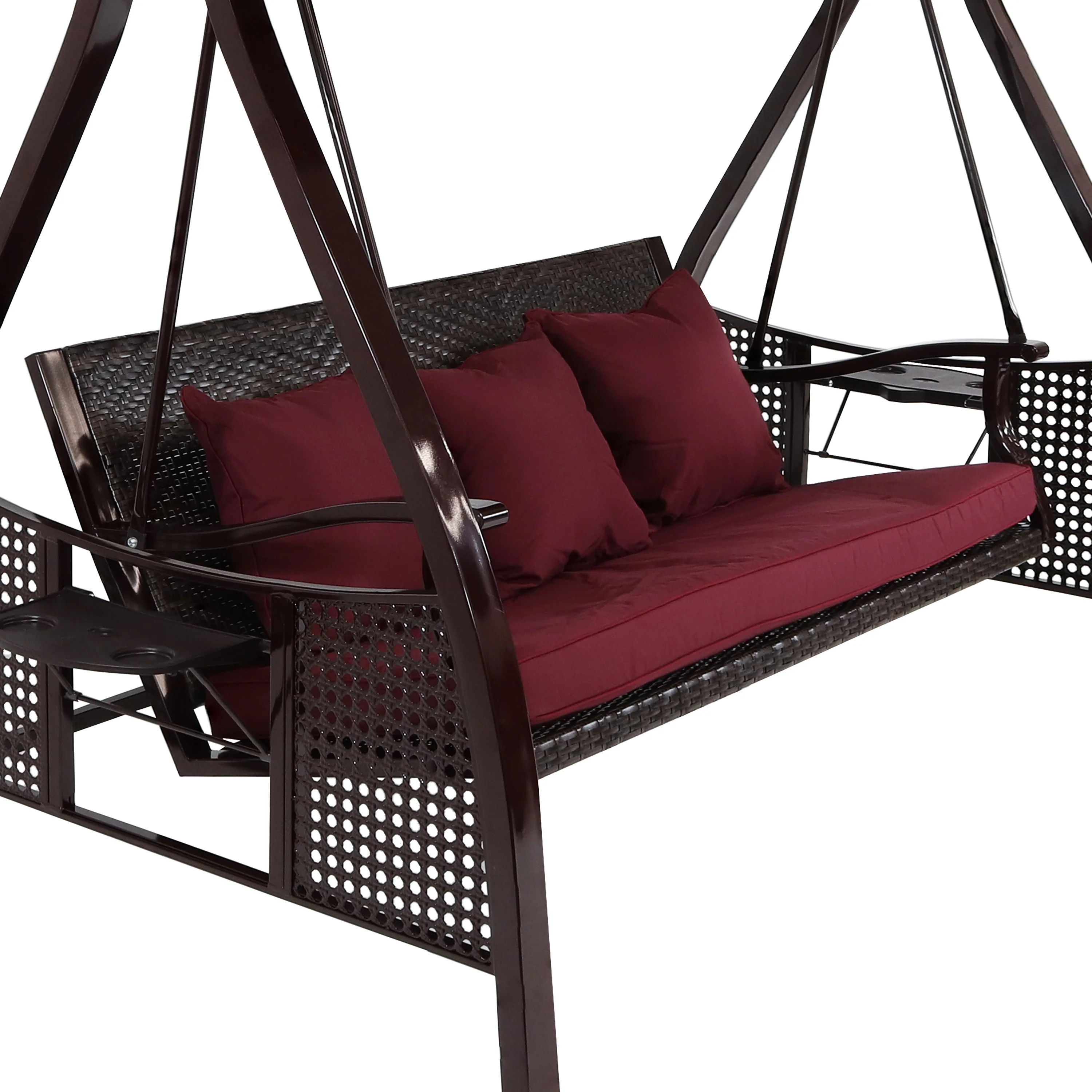 Sunnydaze Decor 3-Person Steel Patio Swing with Side Tables and Canopy - Merlot