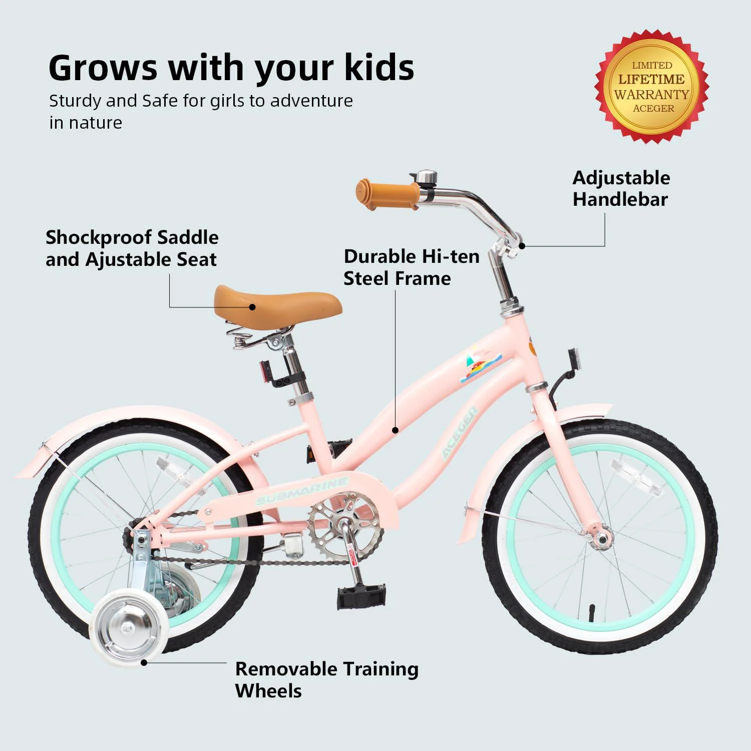 aceger girls beach cruiser bike for kids 5-13 years old, kids bicycle included coaster brake, front and rear reflectors, 16 i