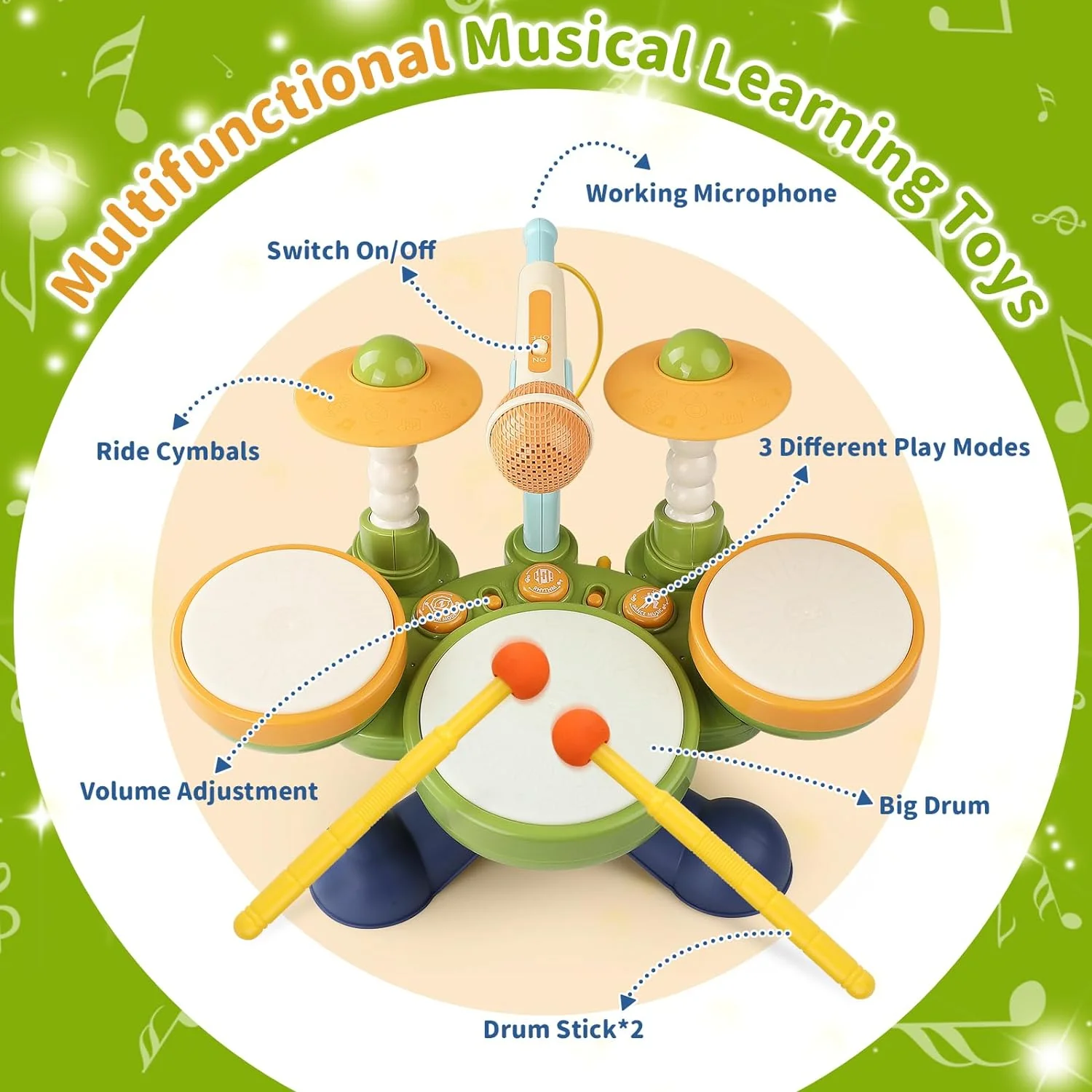 Great Choice Products Kids Drum Set Baby Toys - 6 In 1 Musical Toys For Baby 1 Year Old Boy Girl, Toddler Drums Set With Microphone And 2 Drum S