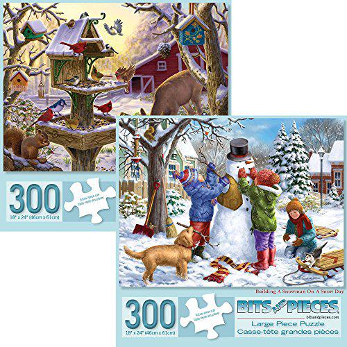 bits and pieces - set of two (2) 300 piece christmas jigsaw puzzles for adults - building snowman, sunrise feasting - 300 pc