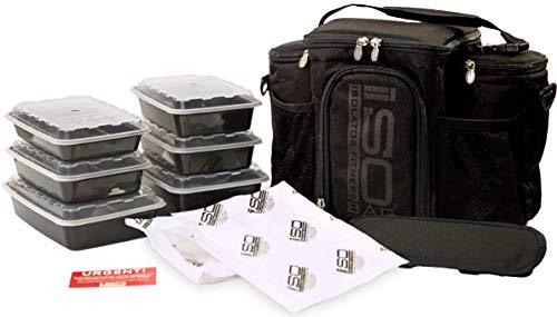Isolator Fitness meal prep bag isobag 3 meal insulated lunch bag cooler with 6 stackable meal prep containers, 2 ice pack isobricks, and shoul