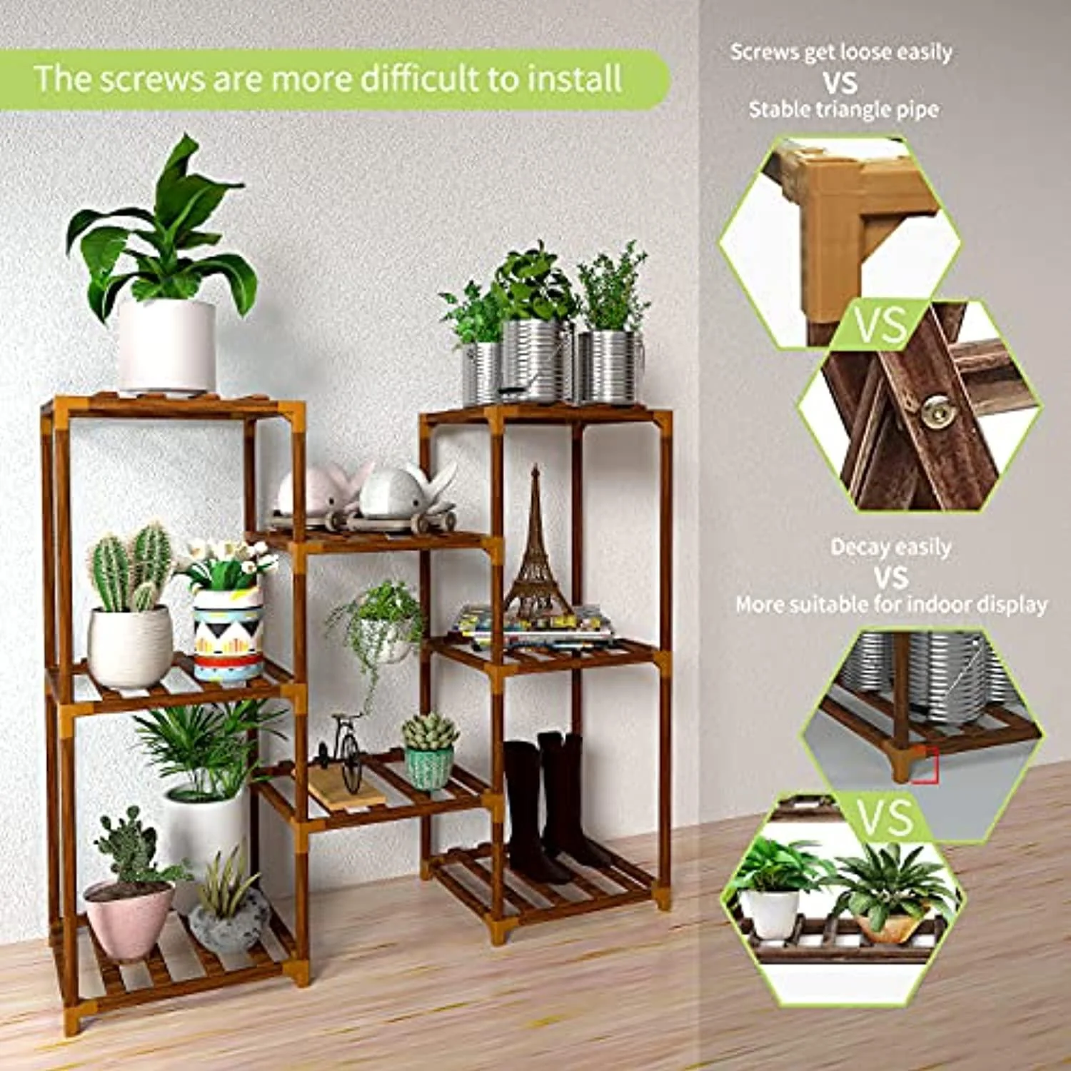 new england stories plant stand, 3 tier 8 potted wood multiple stand shelf, garden plant holder rack for patio garden, corner