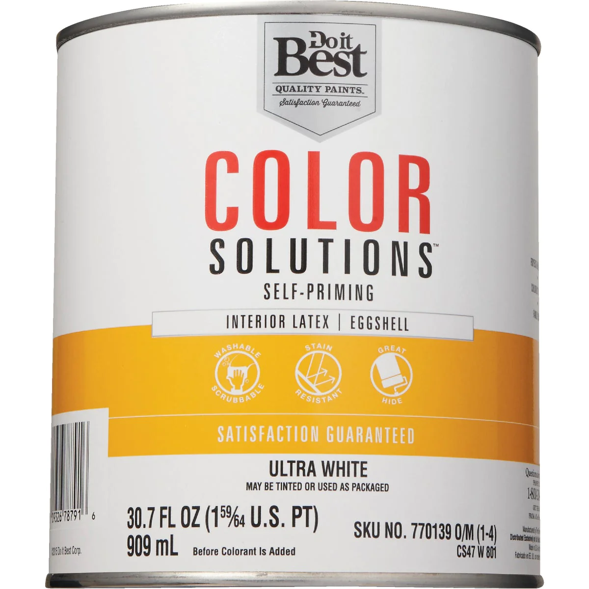 Color Solutions SIM Supply, Inc. CS47W0801-14 Do it Best Color Solutions Latex Self-Priming Eggshell Interior Wall Paint, Ultra White, 1 Qt. CS4