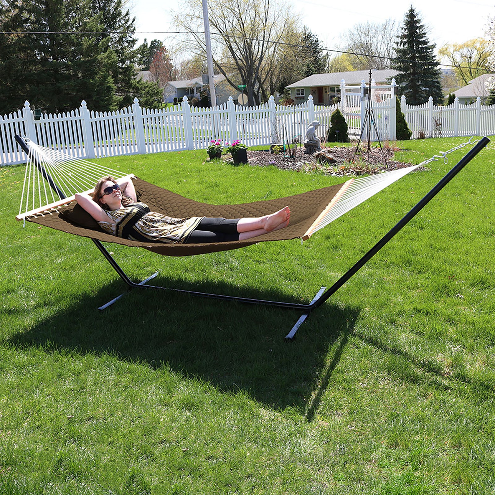 Sunnydaze Decor 2 Person Quilted Designs Fabric Spreader Bar Hammock and Stand - Brown