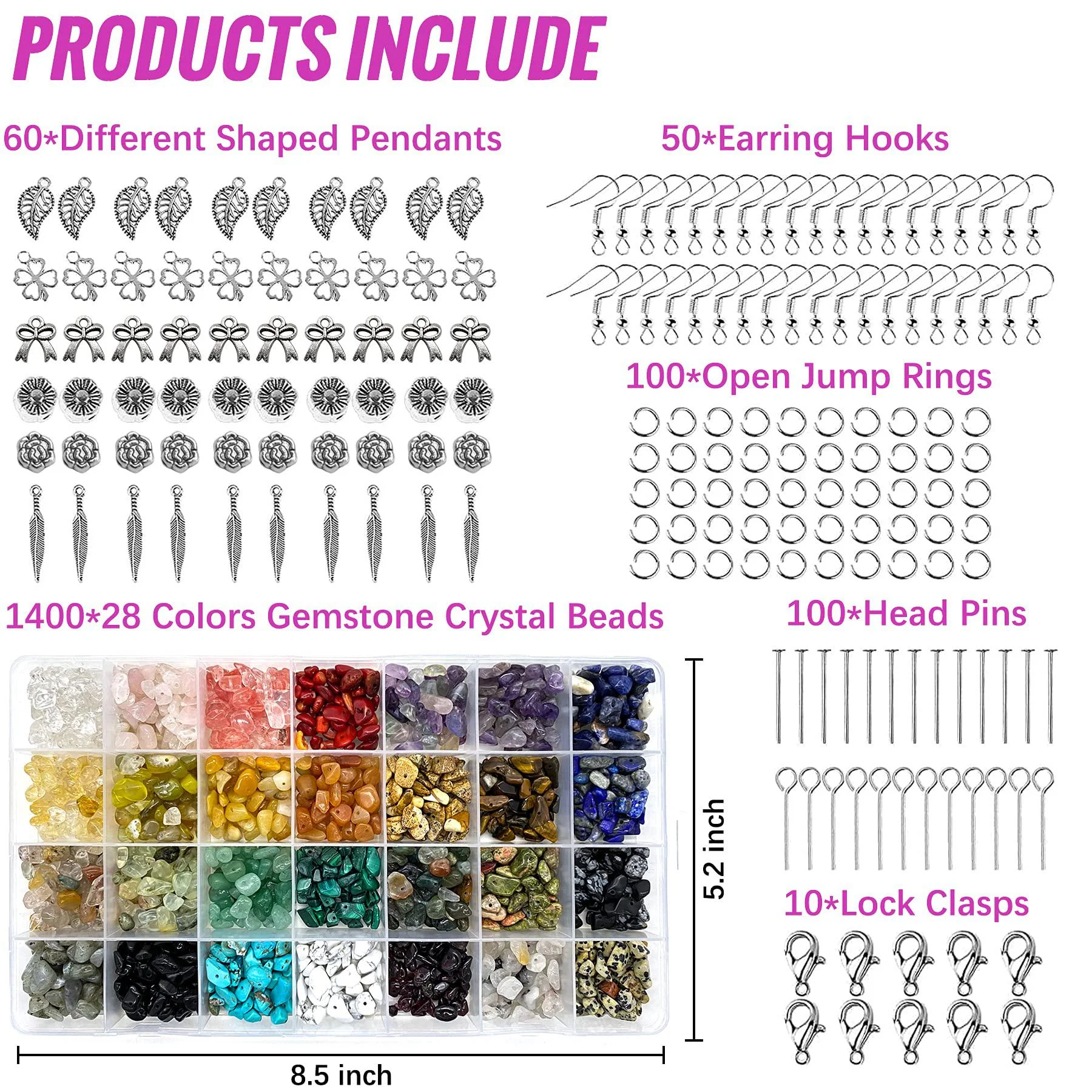 muekeesam 1784pcs jewelry making kit with 28 colors gemstone crystal beads, earring making kit with silver charms, jewelry beading wire