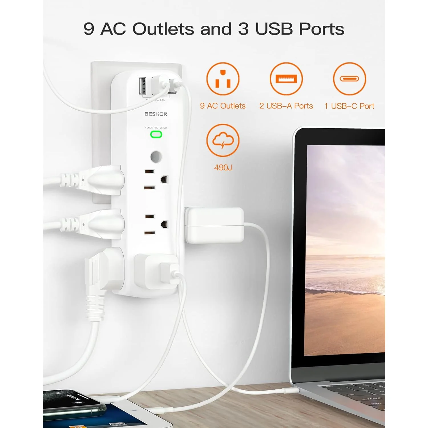 Great Choice Products Outlet Extender, Multi Plug Outlet, 9Ac Surge Protector With 3 Usb Ports(1 Usb C Outlet), Wall Plug Expander, Usb Wall Charge…