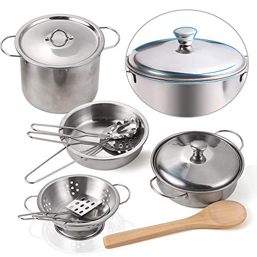 Juboury Kitchen Pretend Play Toys with Stainless Steel Cookware Pots and Pans Set, Cooking Utensils, Apron &a; Chef Hat, Cutting V