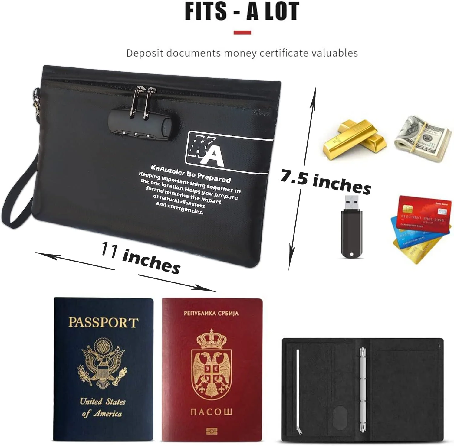 KaAutoler Fireproof Money Bag with Lock  Fireproof and Waterproof Cash Bag with Zipper Closure Fireproof Safe Box Money Pouch Locking Acc