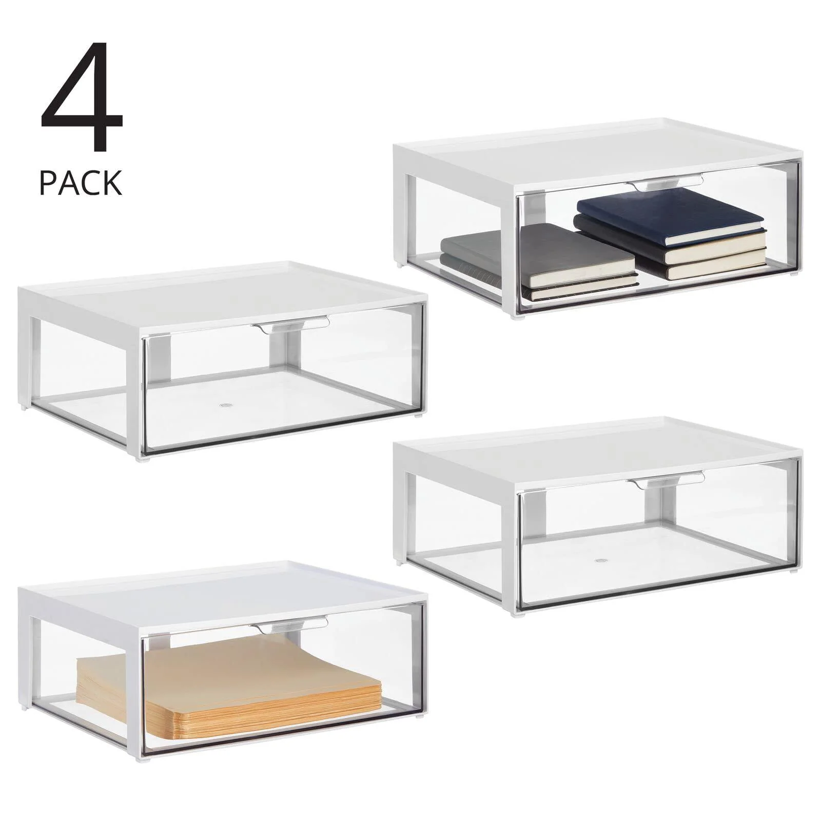 mdesign plastic stackable office storage organizer bin containers with front pull drawer for cabinet, desk, shelves, or close