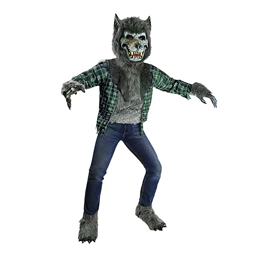 Spooktacular Creations Kids Werewolf Costume, Green Plaid Wolf Costumes with Mask for Kids, Boys, Girls Halloween Dress Up, Role