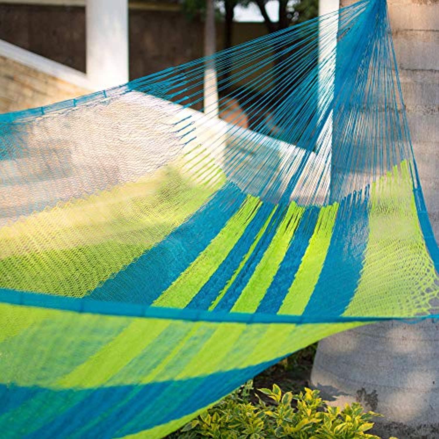 novica bright yellow turquoise blue striped hand woven nylon mayan 1 person rope hammock with hanging accessories, fluorescen