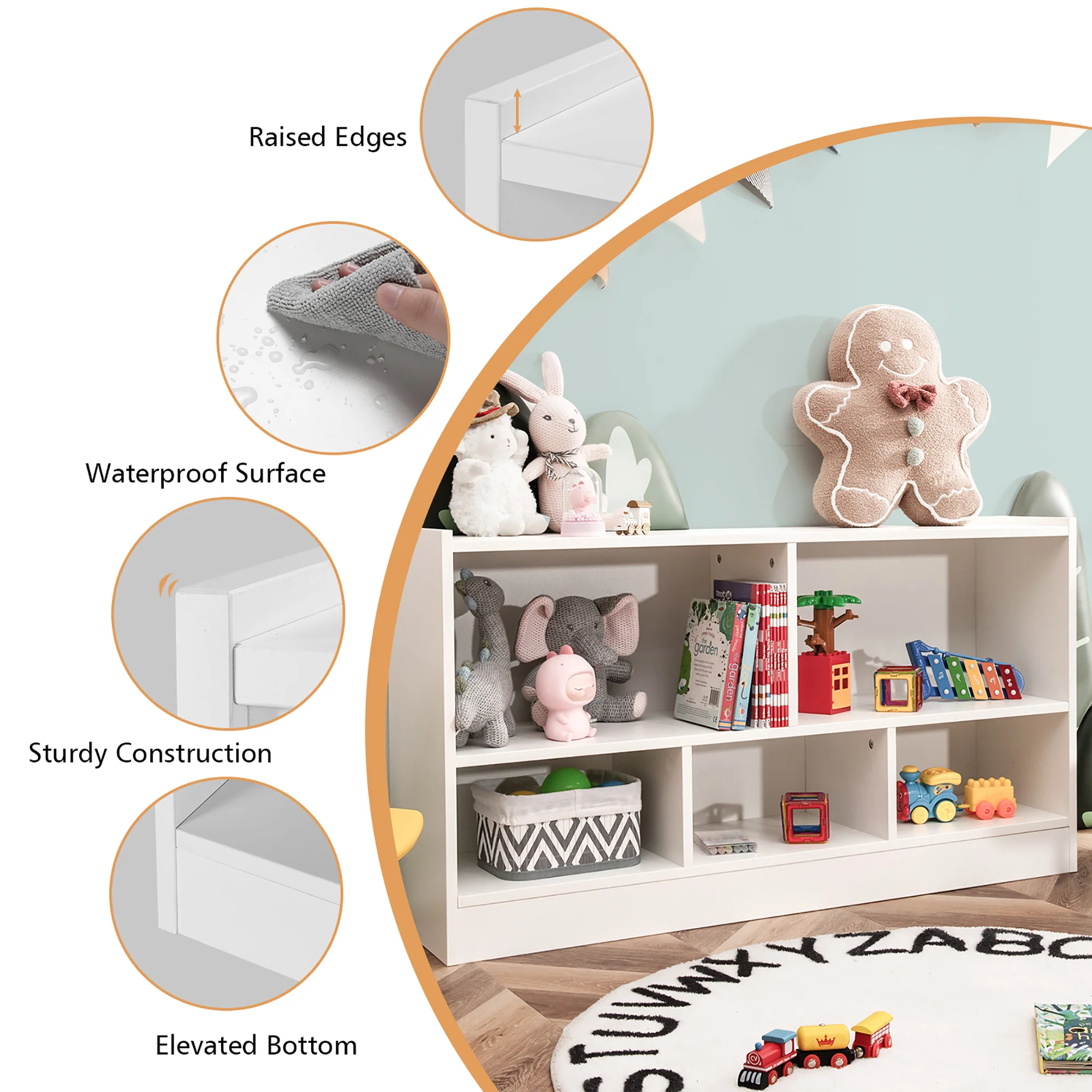 Costway Kids 2-Shelf Bookcase 5-Cube Wood Toy Storage Cabinet Organizer White