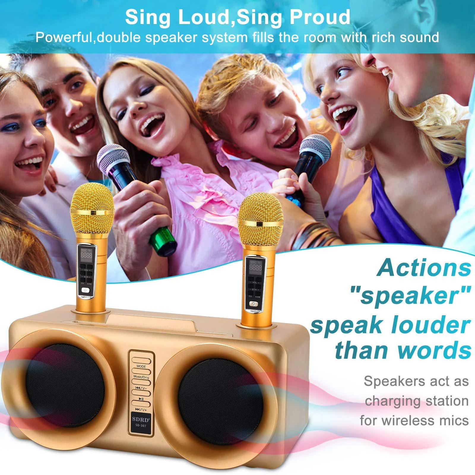 ALPOWL karaoke machine for kids adults, alpowl portable bluetooth speaker with 2 uhf wireless microphone for home party, wedding, ch