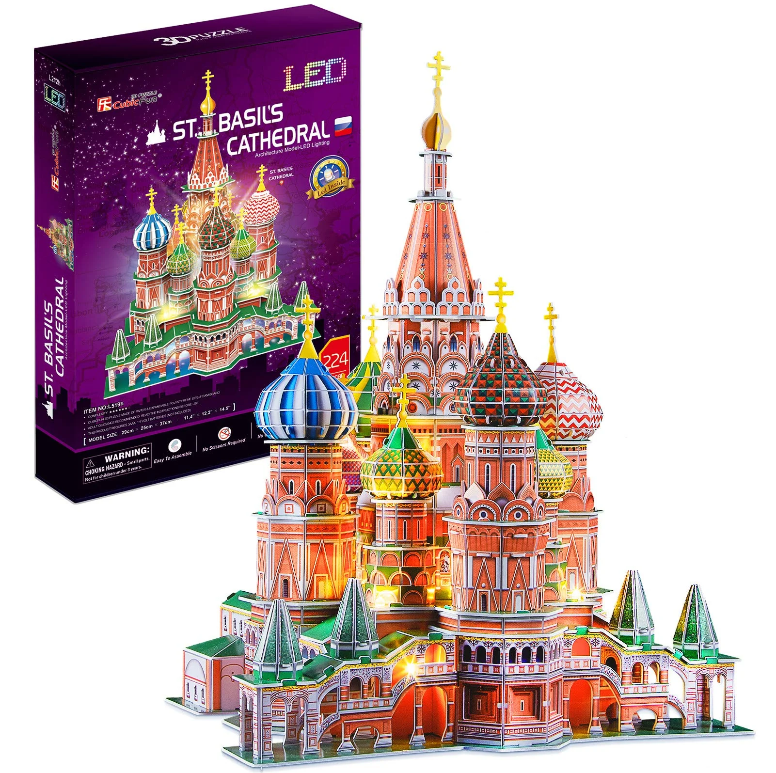 cubicFun LED Russia cathedral 3D Puzzles for Adults Kids, StBasils cathedral Architecture Building church Model Kits Toys for Te