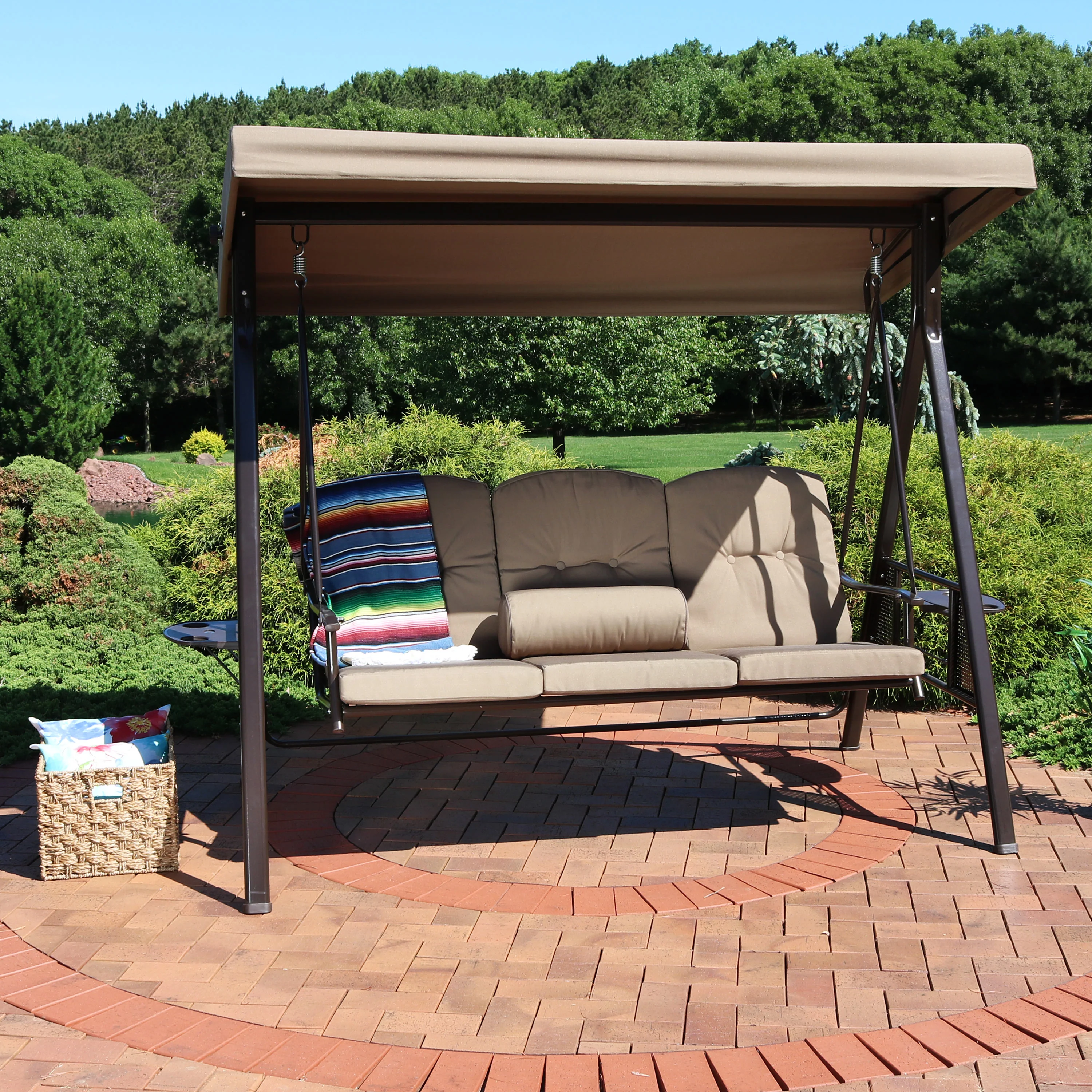 Sunnydaze Decor 3-Person Adjustable Tilt Canopy Patio Swing with Attached Side Table