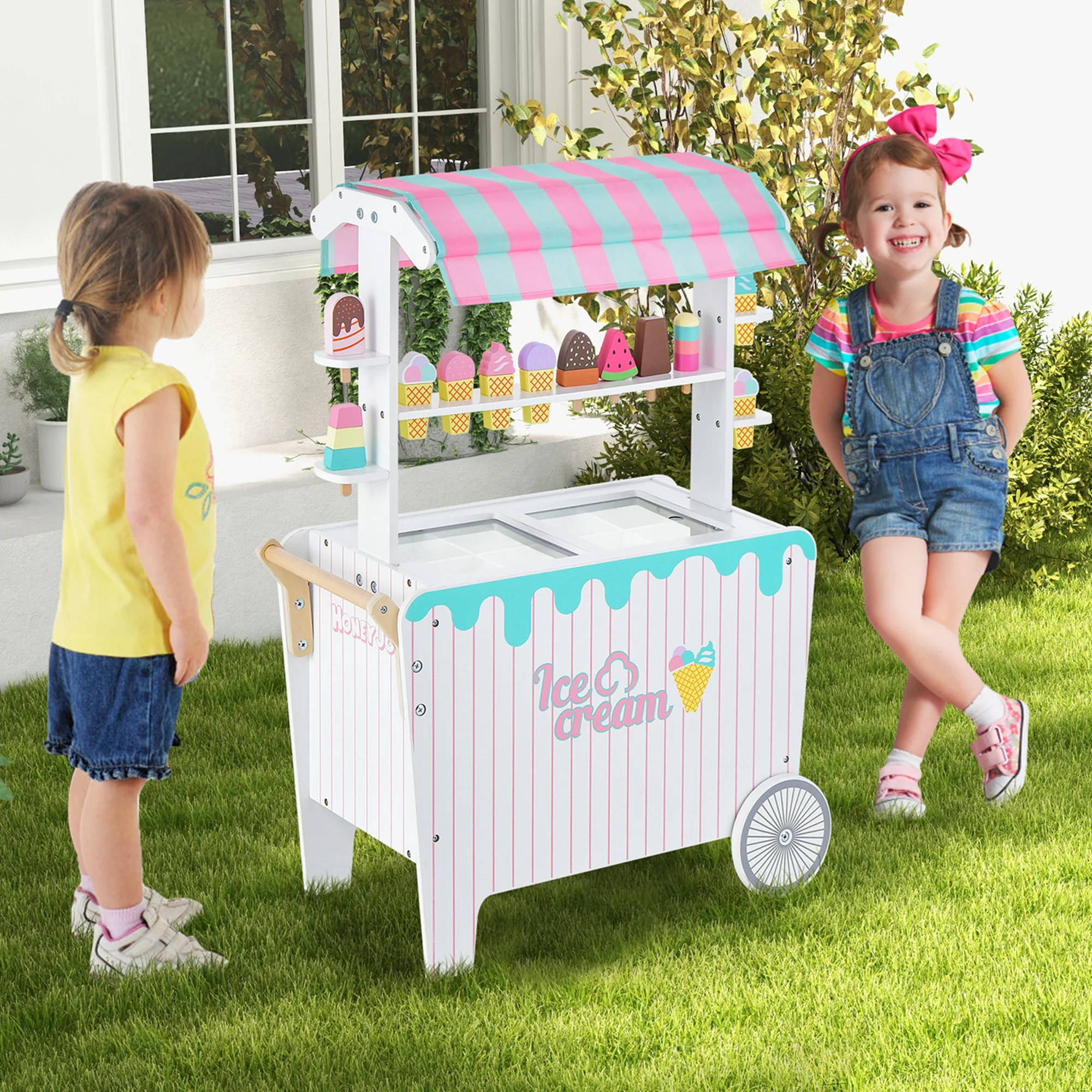 Costway Kid&s;s Ice Cream Cart Food Trunk Play Toy Set with Display Rack &a; Accessories
