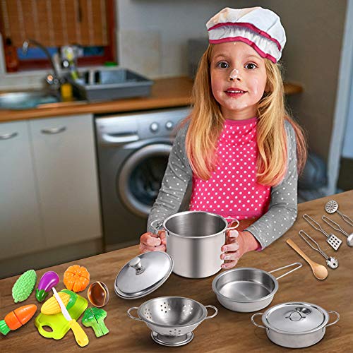 Juboury Kitchen Pretend Play Toys with Stainless Steel Cookware Pots and Pans Set, Cooking Utensils, Apron &a; Chef Hat, Cutting V