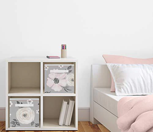 sweet jojo designs grey watercolor floral foldable fabric storage cube bins boxes organizer toys kids baby childrens - set of